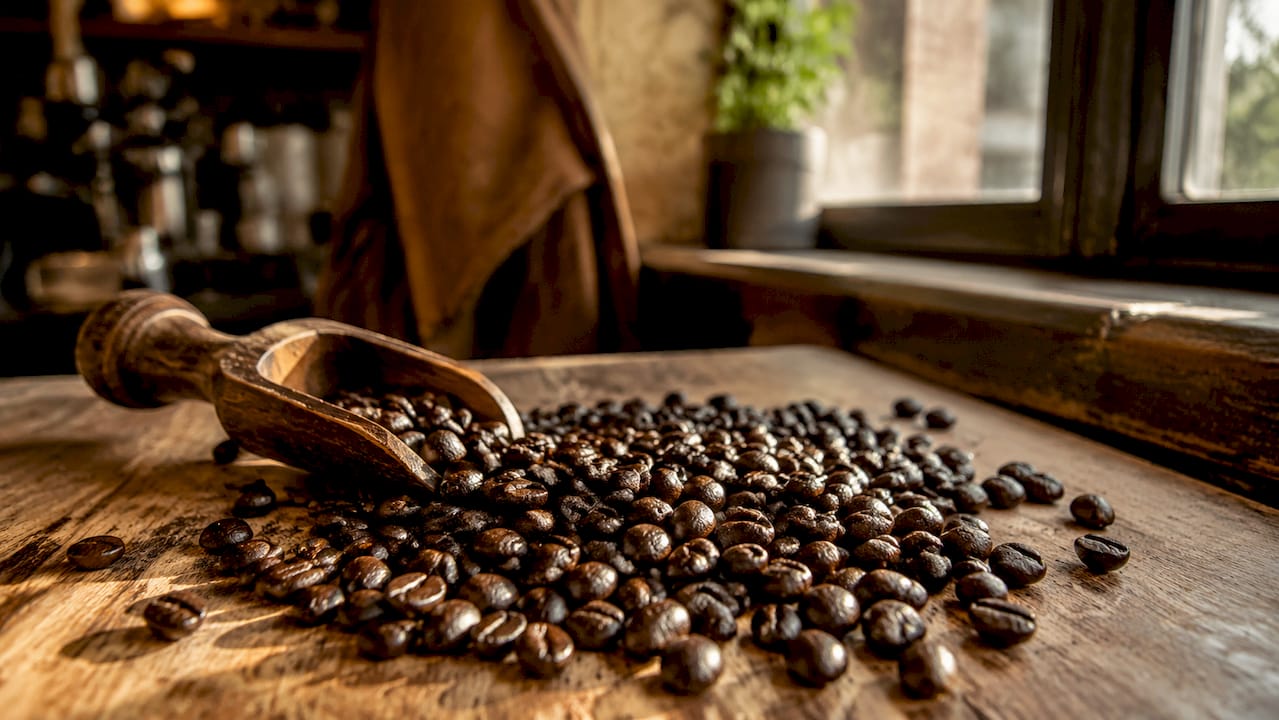 Macro shot of caramelized coffee beans on burlap