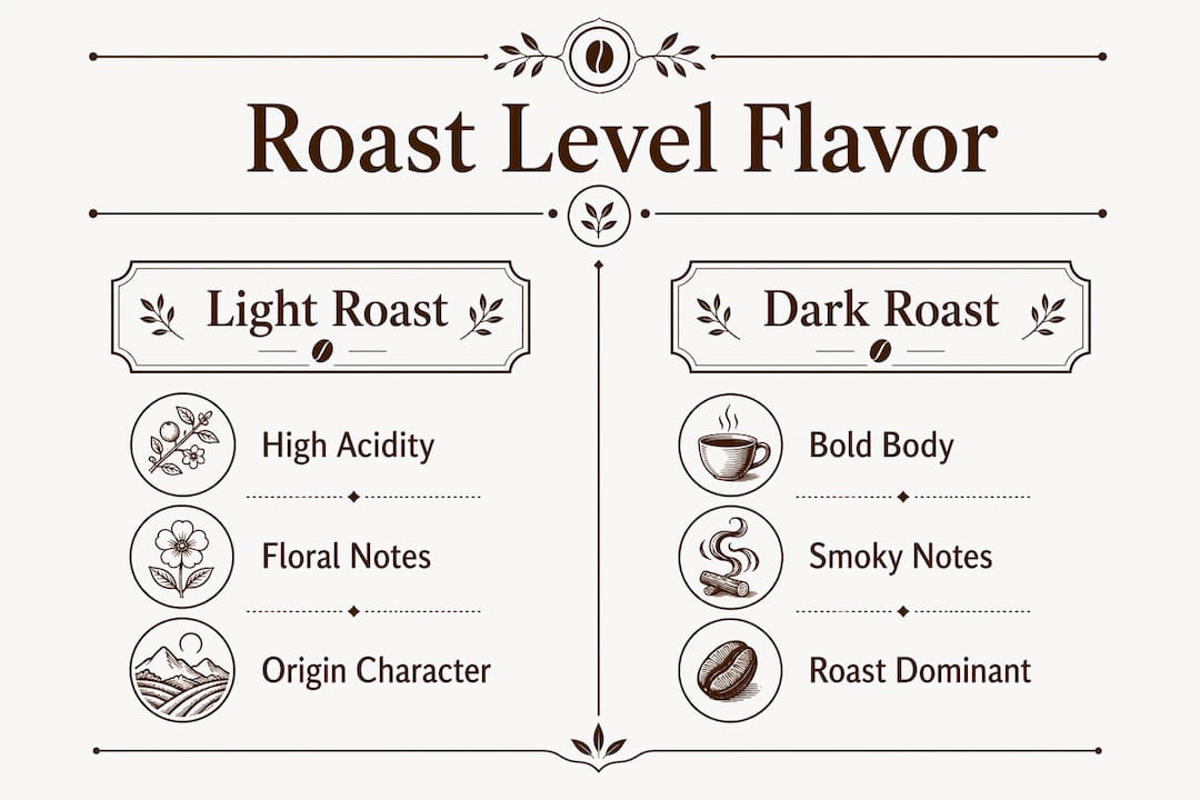 Infographic comparing light and dark coffee roast flavors