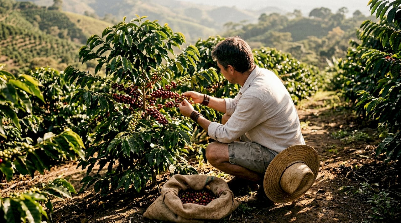 Close-up of hands holding ripening coffee cherries