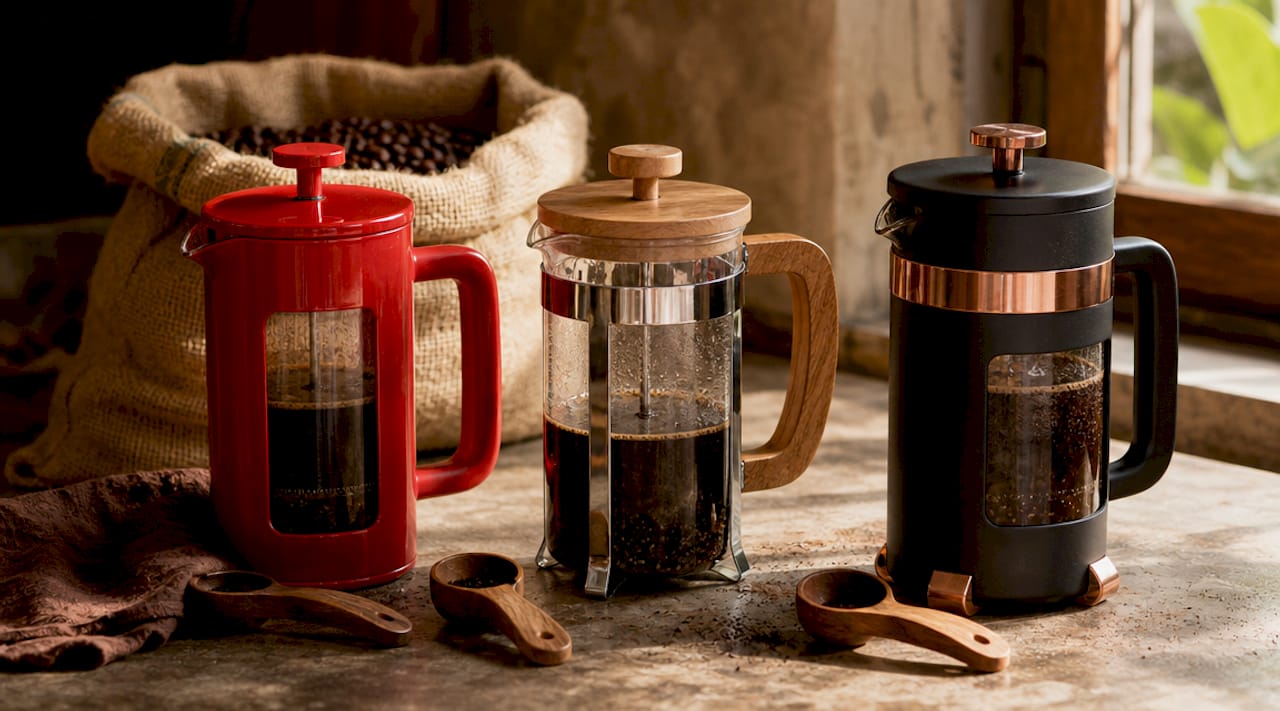 Various French press coffee makers on wooden table