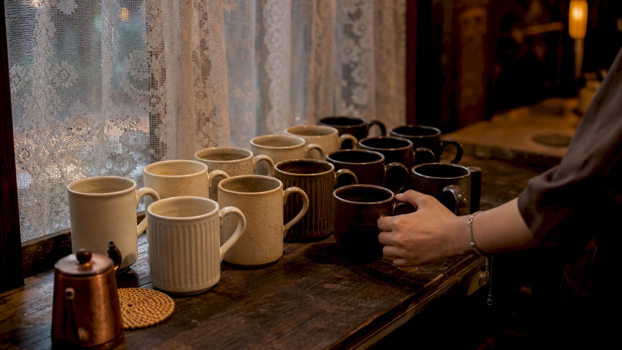 Overhead view of color-organized coffee mug collection