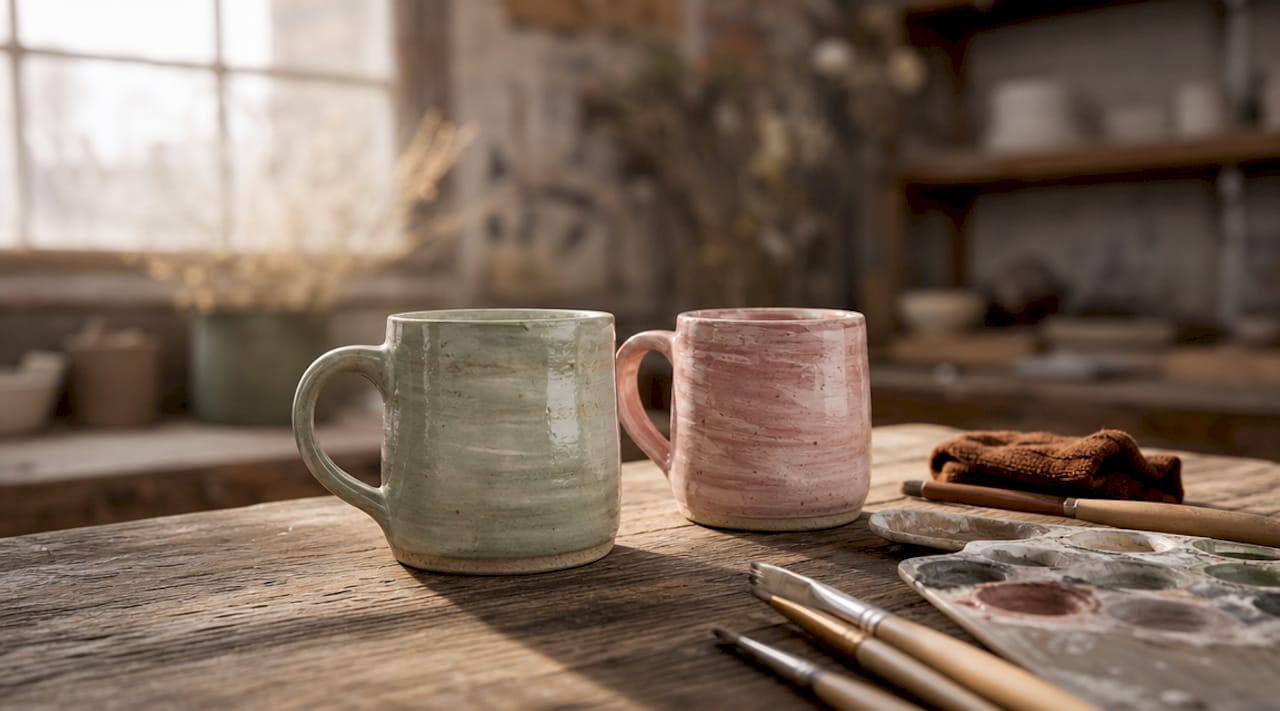 Close-up of sage and blush handmade mugs