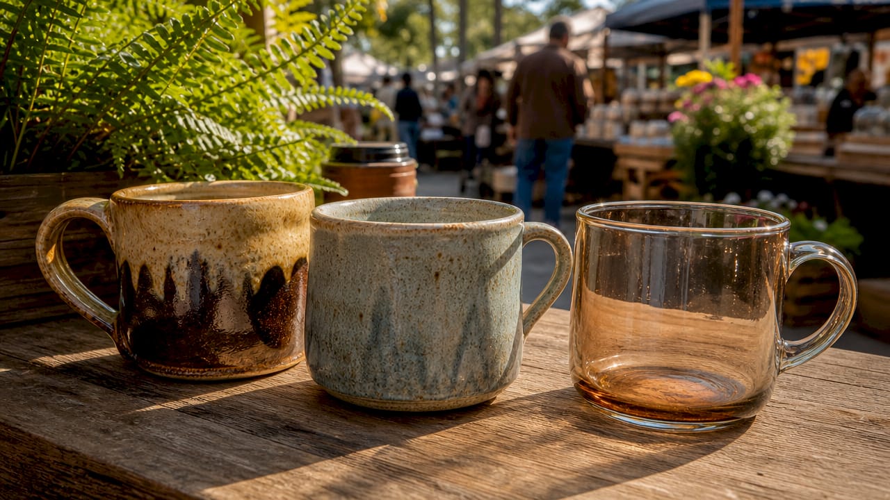 Close-up of wide mouth mugs made from ceramic and stoneware