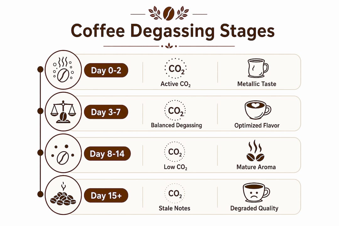 Infographic showing coffee degassing stages and flavor effects