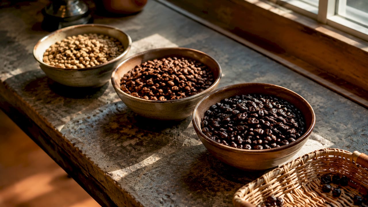 Top view of three coffee roasts in bowls