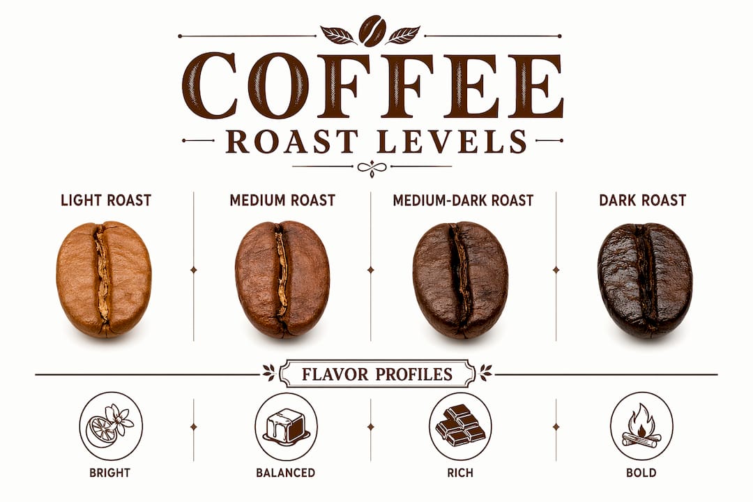 Infographic outlining coffee roast levels and flavors