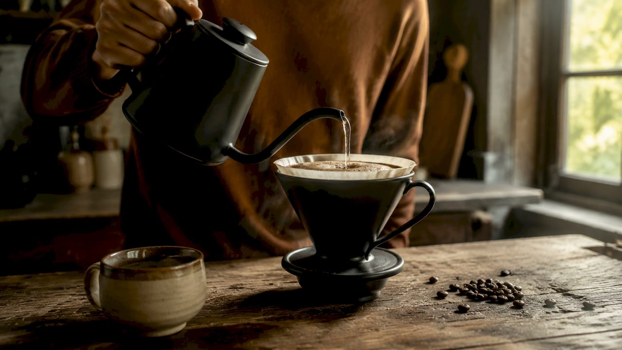 Close-up pouring coffee into Hario V60 dripper