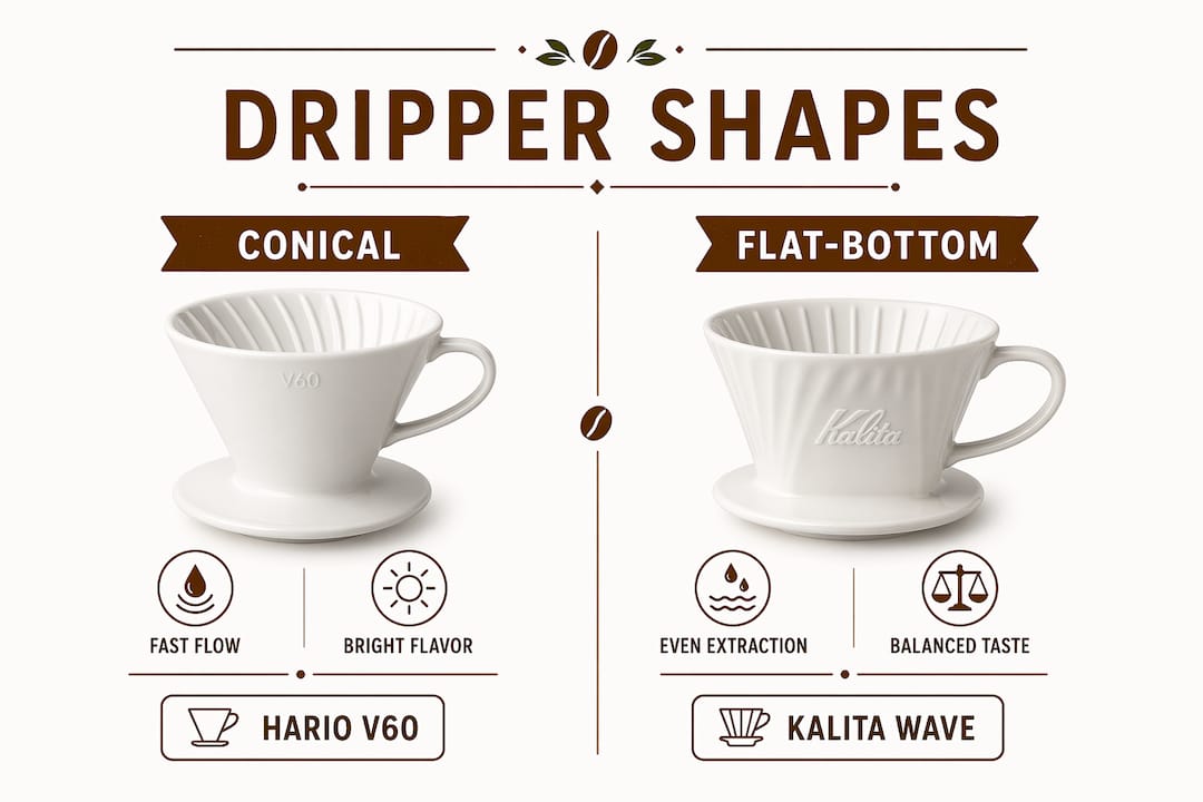 Infographic comparing pour-over dripper shapes and effects on coffee flavor