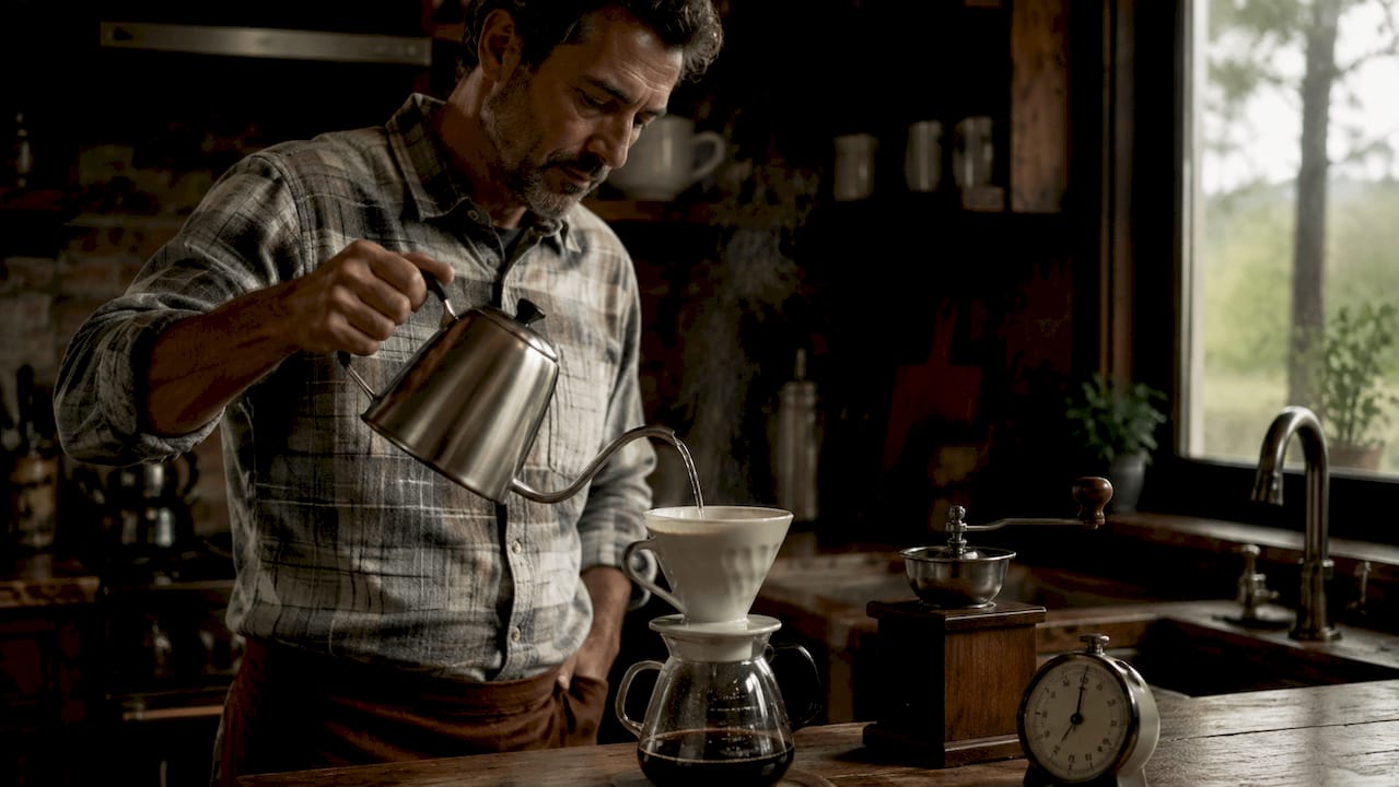 Pouring hot water over coffee grounds in pour-over