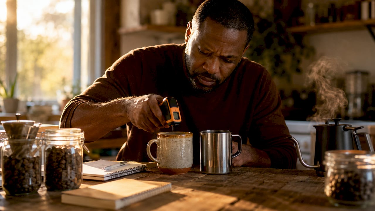 Man comparing heat on ceramic and metal mugs with thermometer