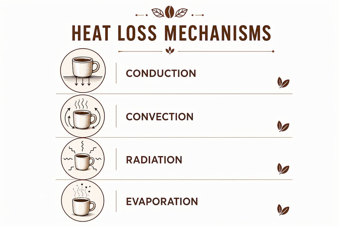 Infographic illustrating four heat loss mechanisms in mugs