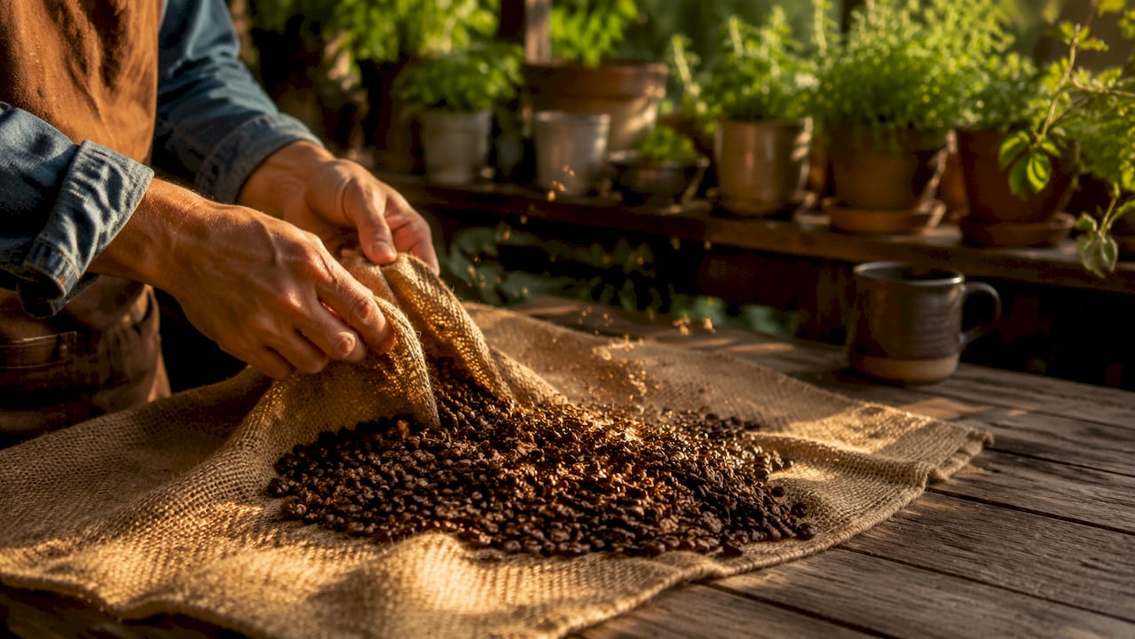 Close-up coffee beans releasing chaff during roasting
