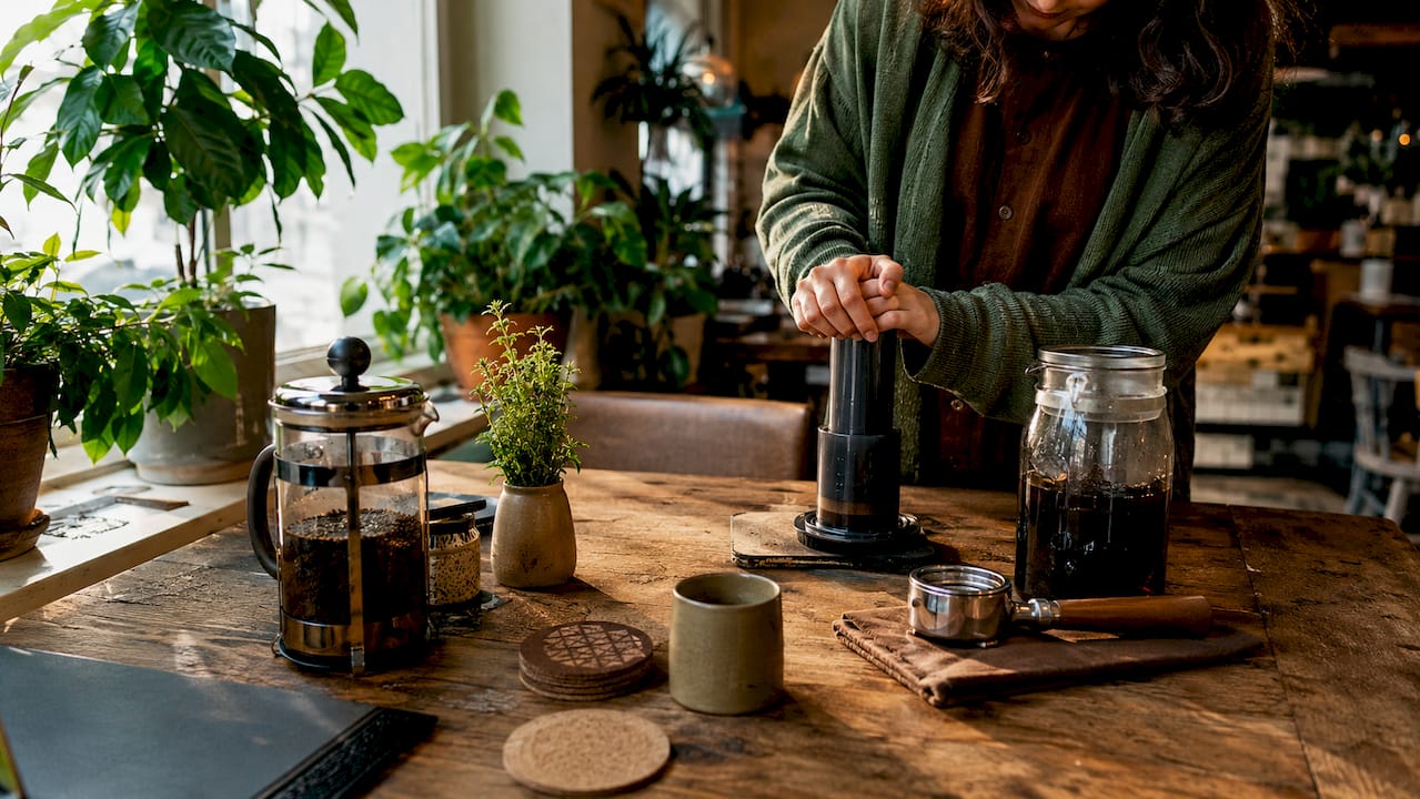 Top view of multiple coffee brewing devices on table