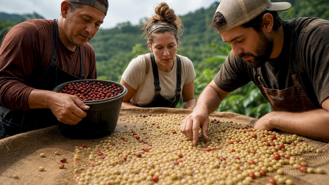 Workers inspecting honey processed coffee cherries