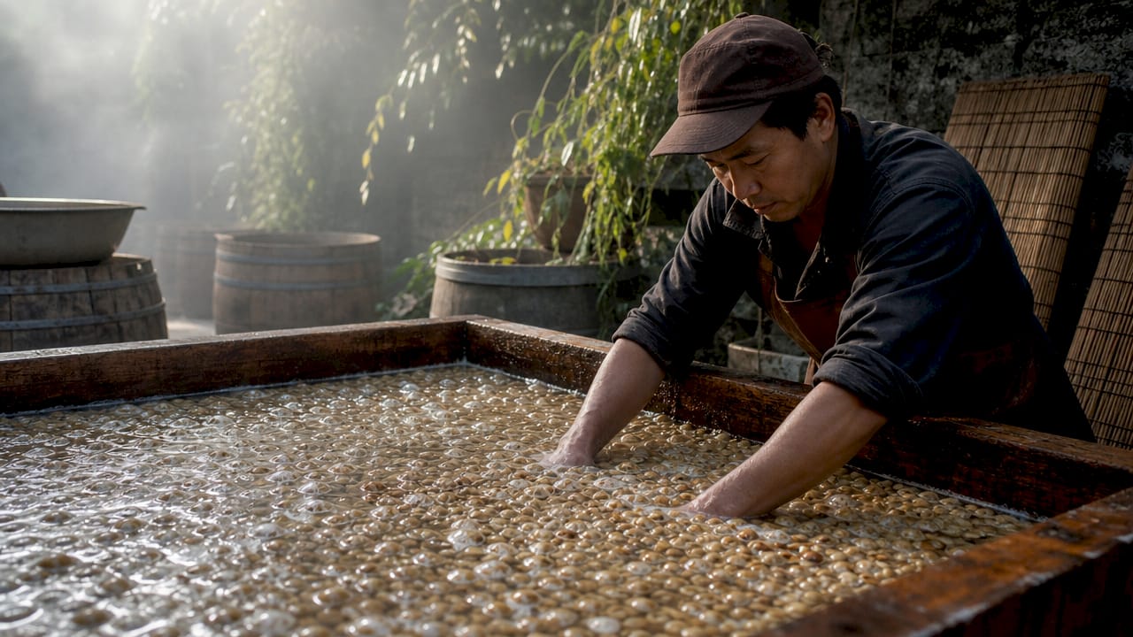 Overhead view of coffee fermentation tank outdoors