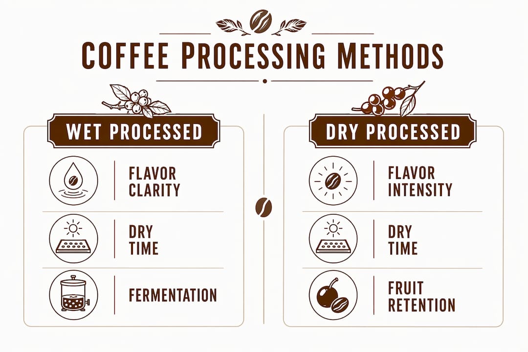 Infographic comparing wet and dry coffee processing