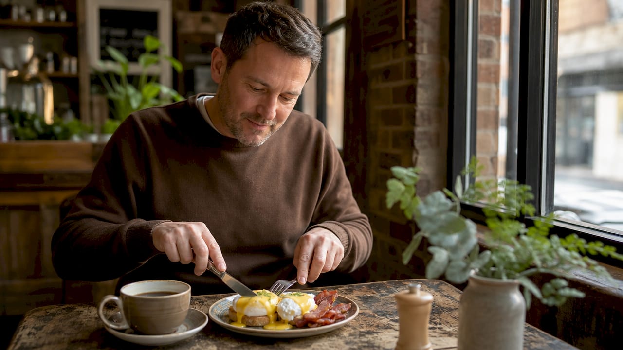 Man enjoying savory breakfast with coffee