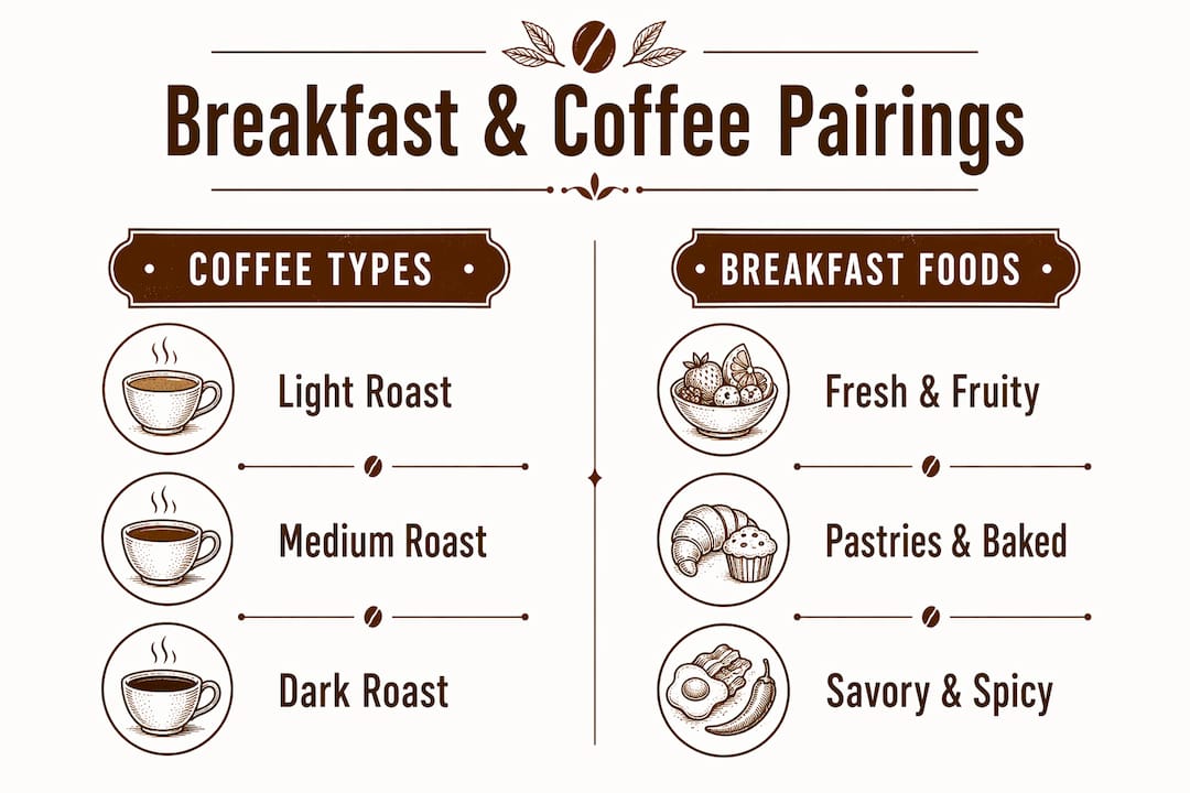 Infographic showing coffee types paired with breakfast foods