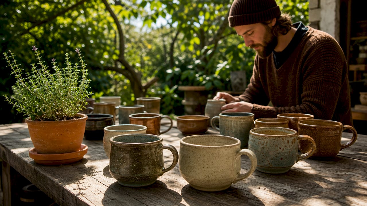 Stoneware ceramic mugs on workshop shelf