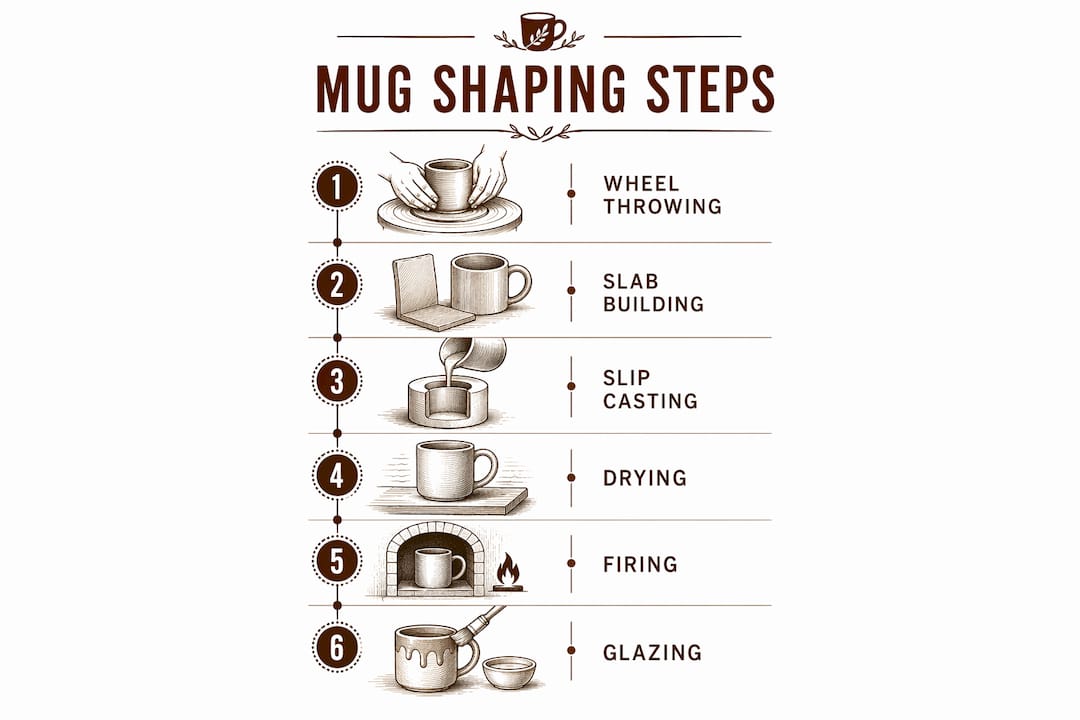 Infographic showing ceramic mug shaping and finishing steps