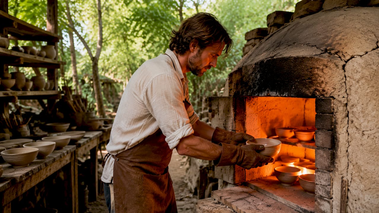 Potter loading stoneware mugs into a glowing kiln