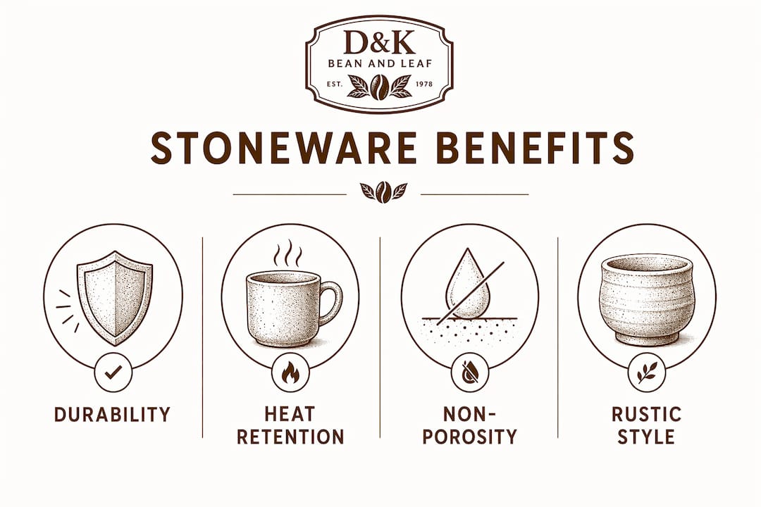 Infographic highlighting key benefits of stoneware mugs