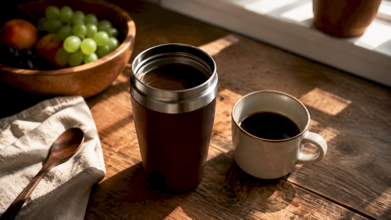 Vacuum insulated travel mug and thermometer on kitchen counter