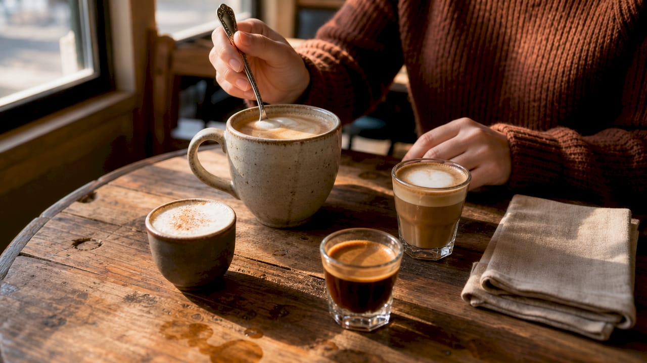 Overhead view of four espresso drinks on wooden table