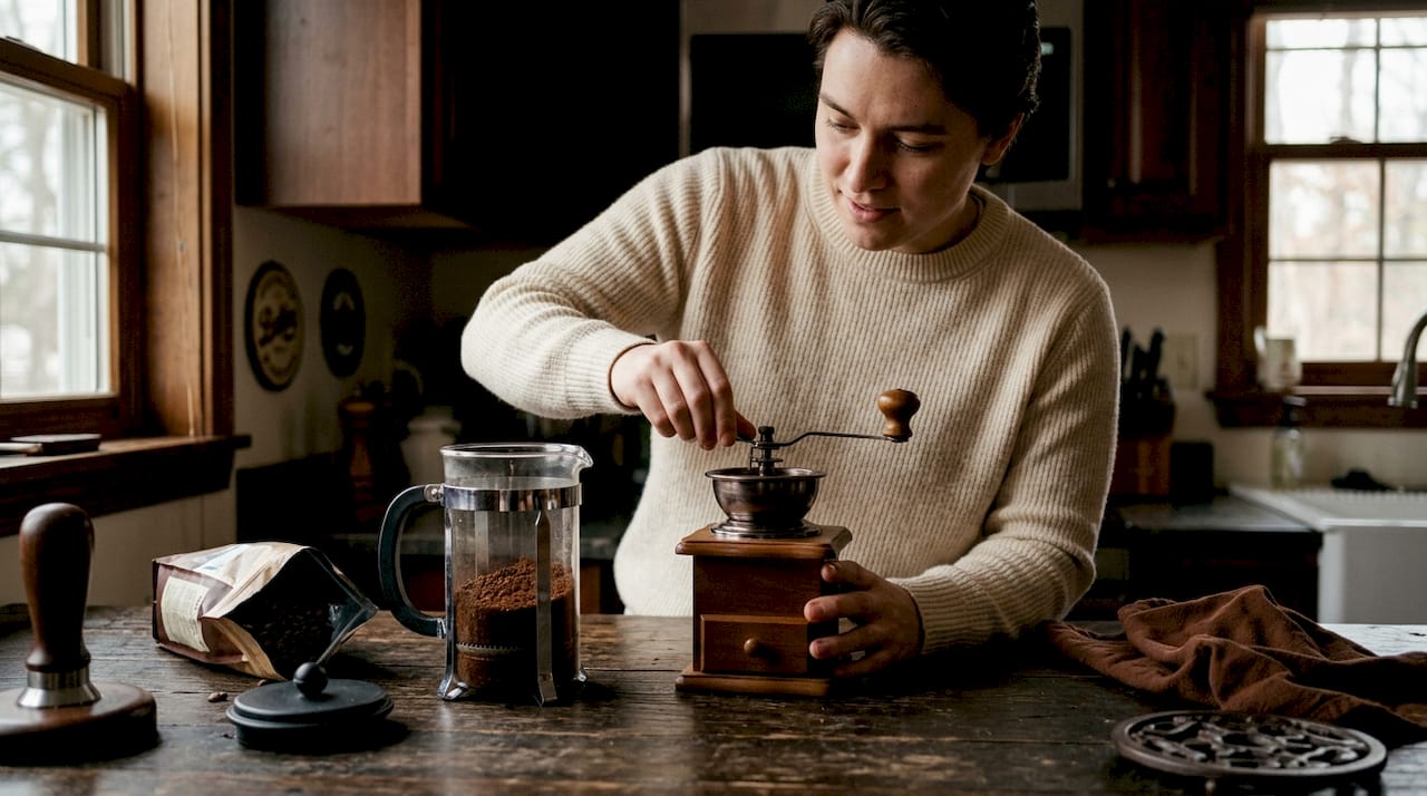 Hands adjusting burr grinder for French press