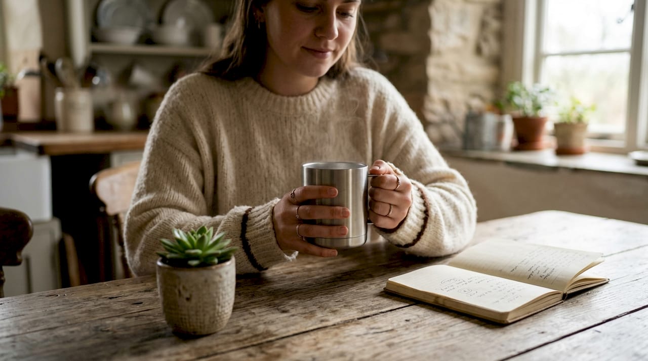 Woman holding double wall stainless steel mug in home office