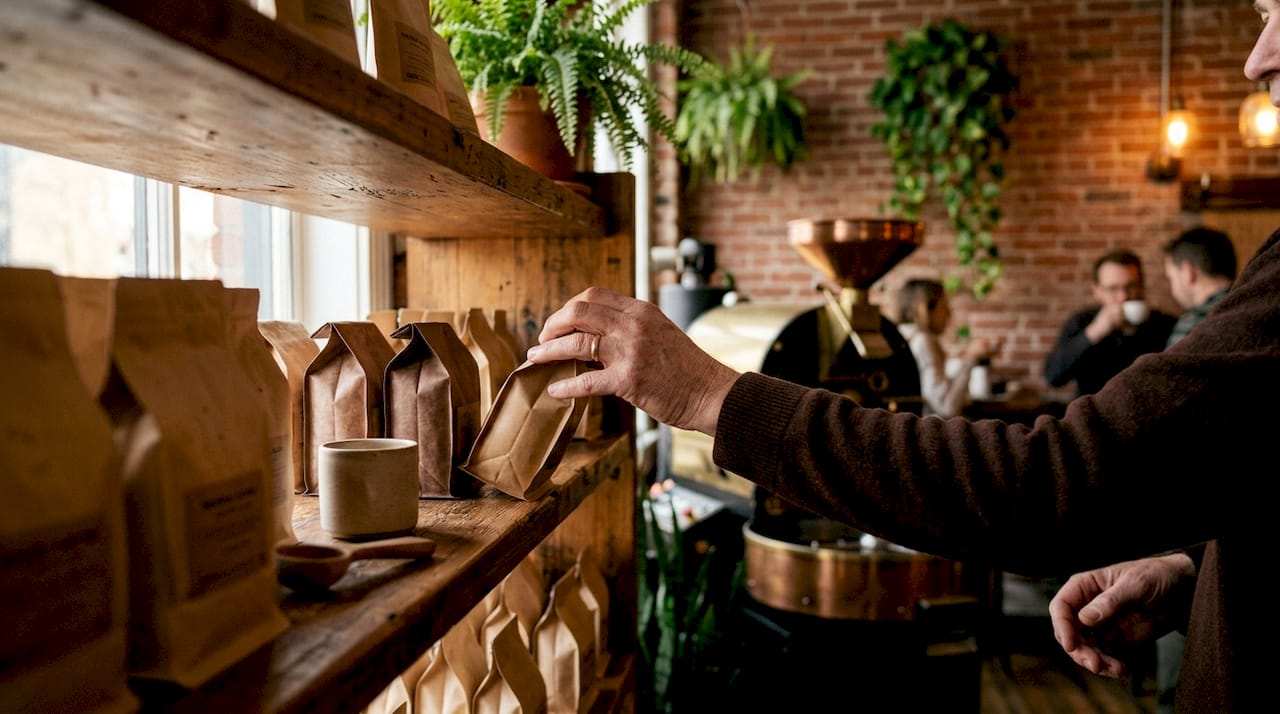 Shopper selecting coffee from supermarket shelf