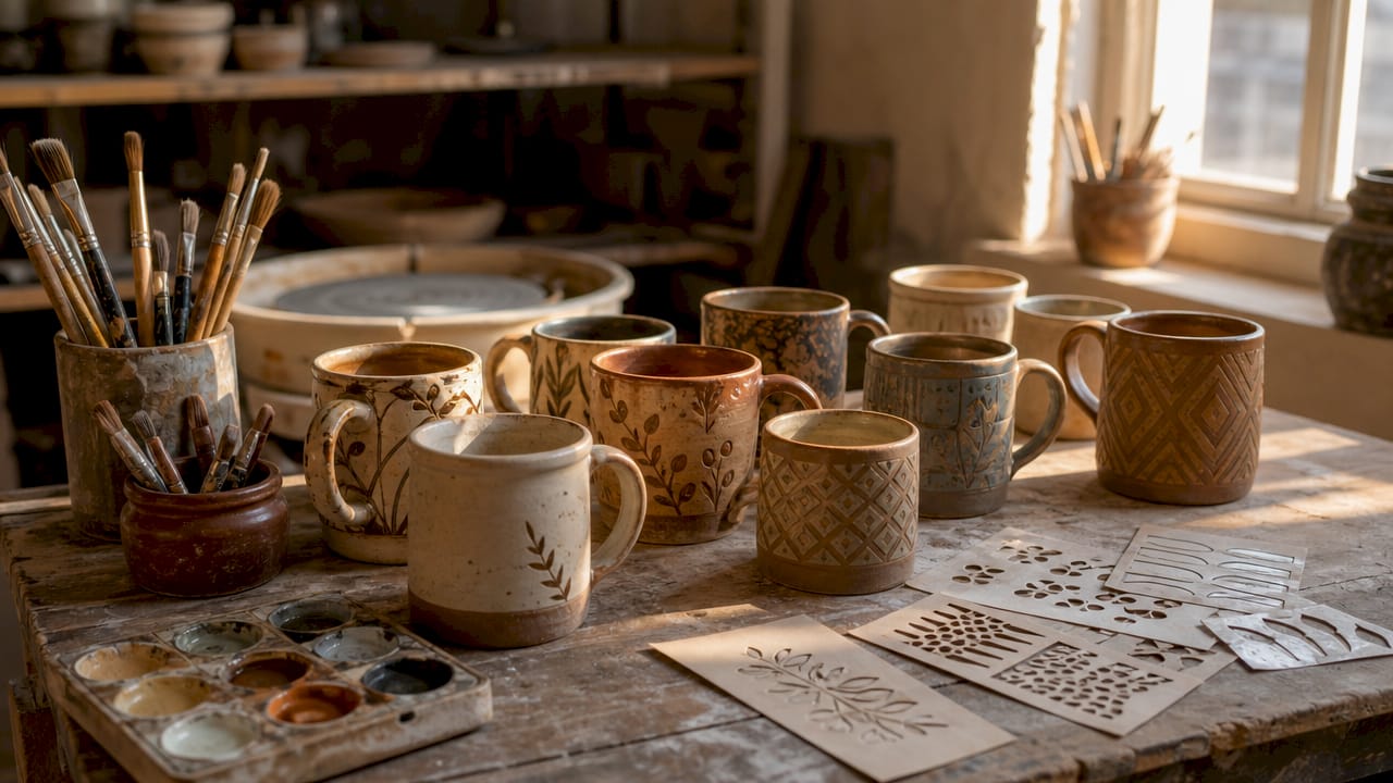 Artisan workspace with personalized coffee mugs