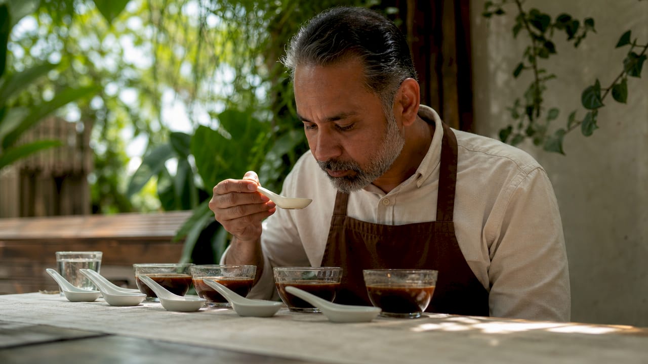 Coffee taster evaluating brewed coffee aroma and flavor