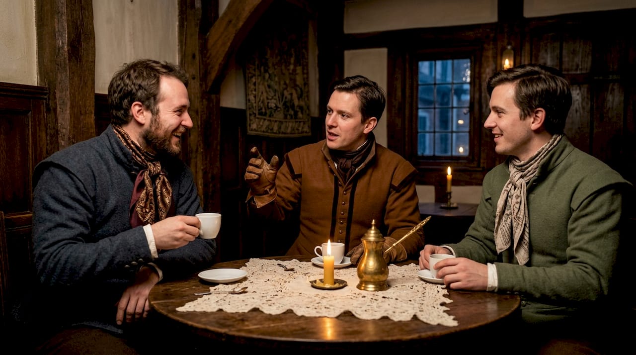 Overhead view of men talking in early European coffeehouse