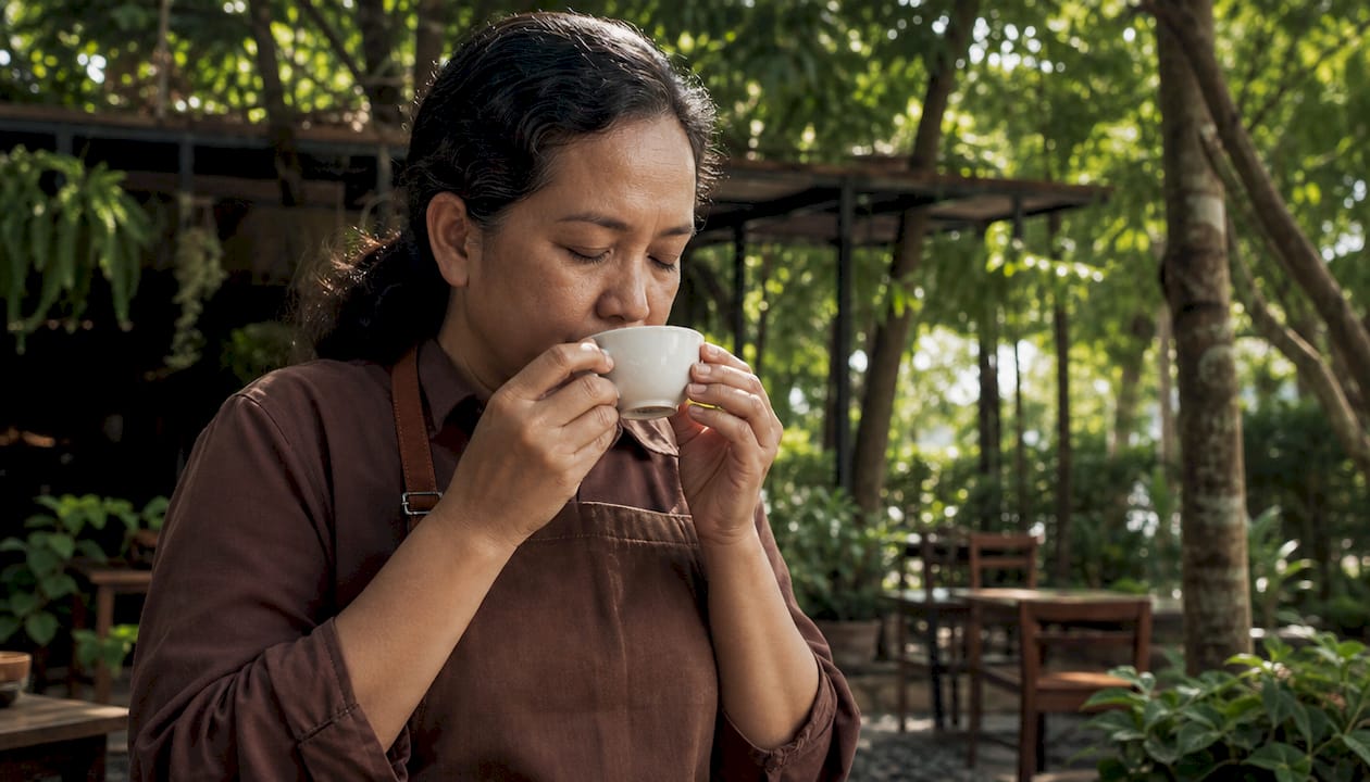 Coffee expert smelling cup to compare coffee aromas