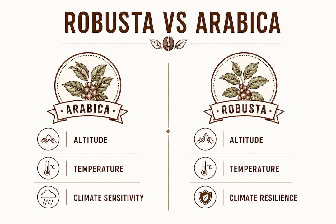 Infographic comparing Robusta and Arabica growing conditions