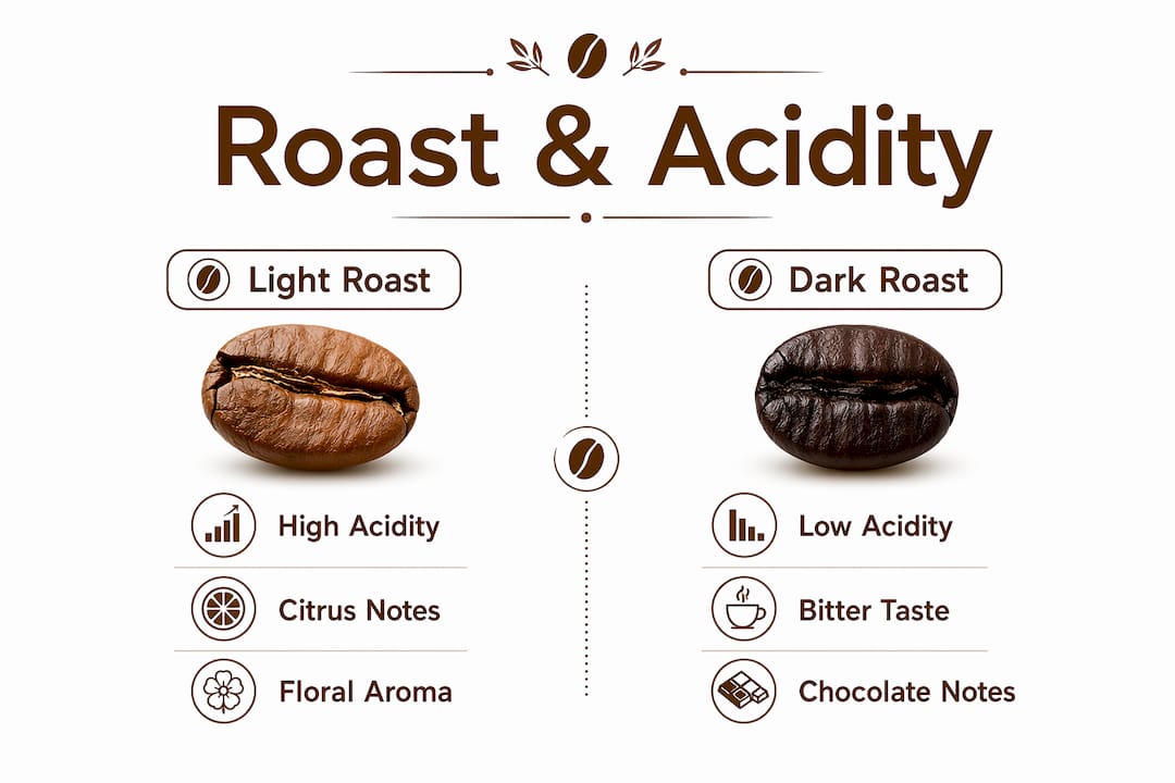 Infographic comparing light and dark roast acidity and flavors