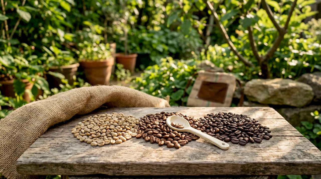 Close-up of coffee beans in various roast levels on wooden table