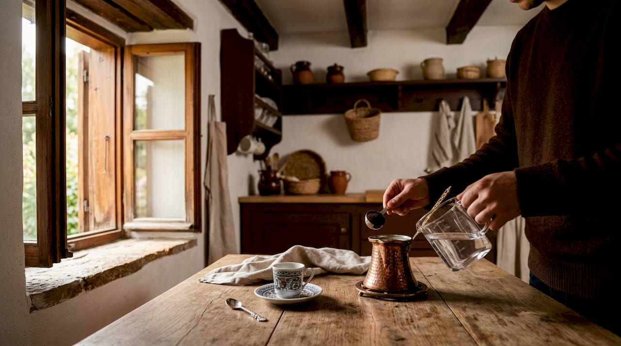 Close-up of hands measuring coffee into cezve