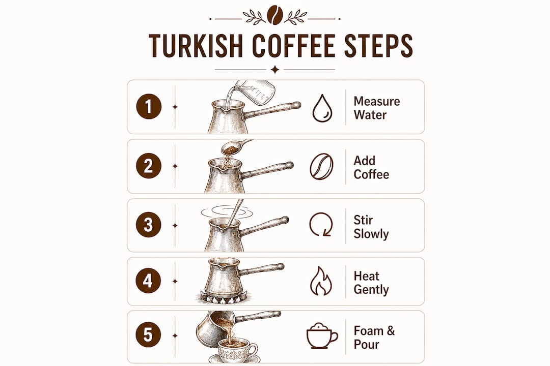 Infographic illustrating Turkish coffee brewing steps