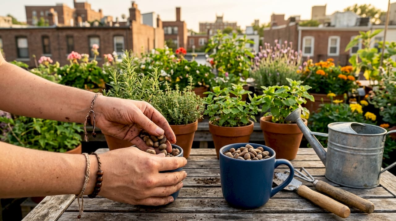Hands filling coffee mug with gravel for planter