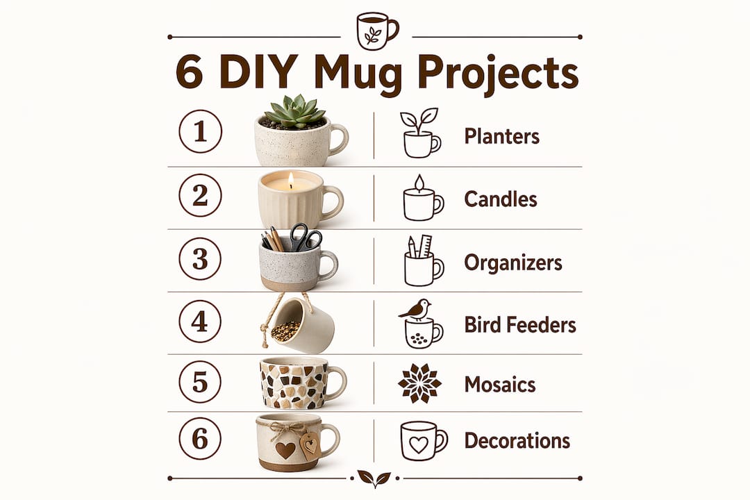 Infographic listing six DIY coffee mug repurposing ideas