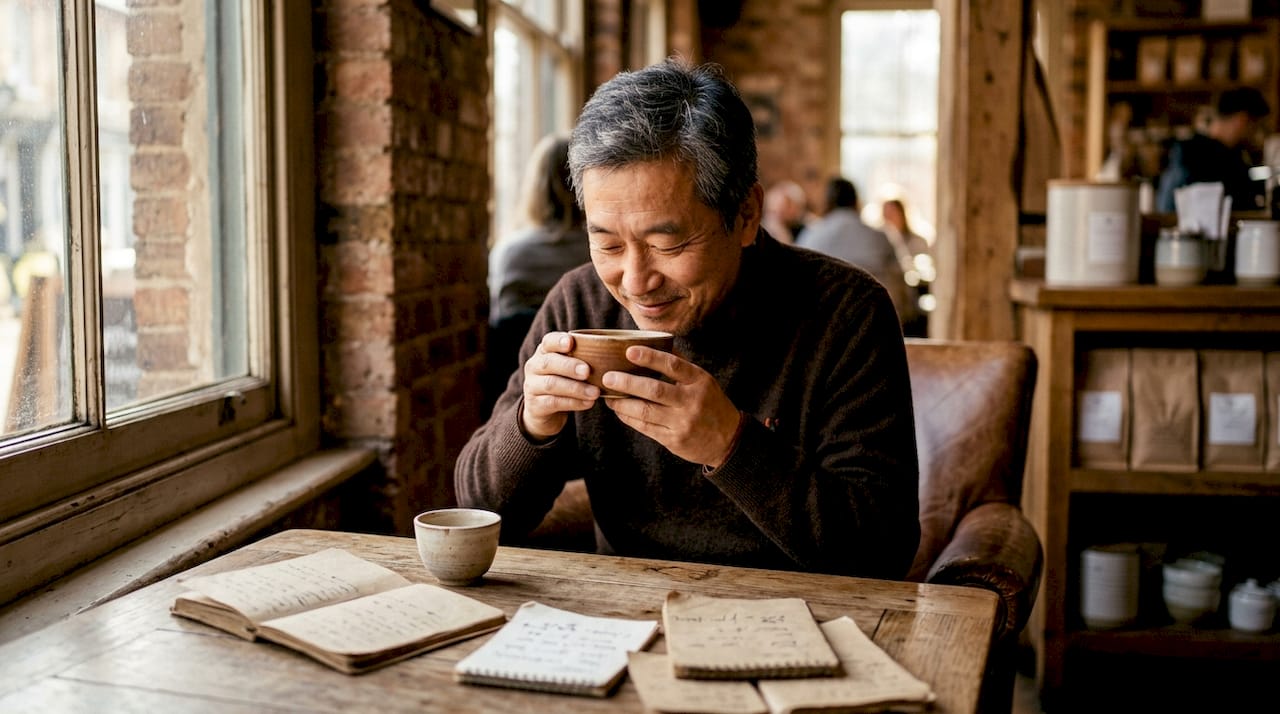 Man cupping coffee to smell aroma overhead