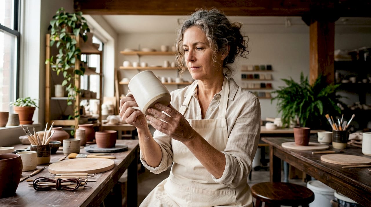 Artisan inspecting fired porcelain mug in workshop