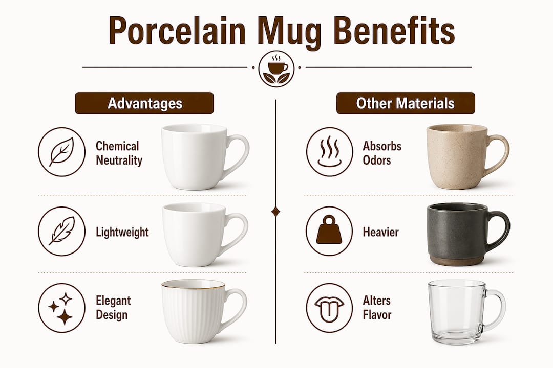 Infographic comparing porcelain mug benefits with other materials
