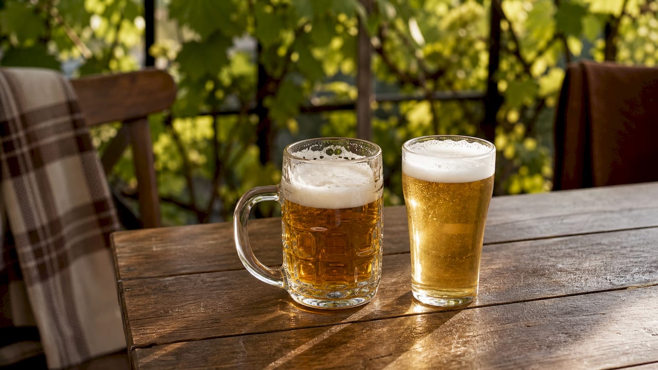 Side-by-side pint mug and pint glass on pub table