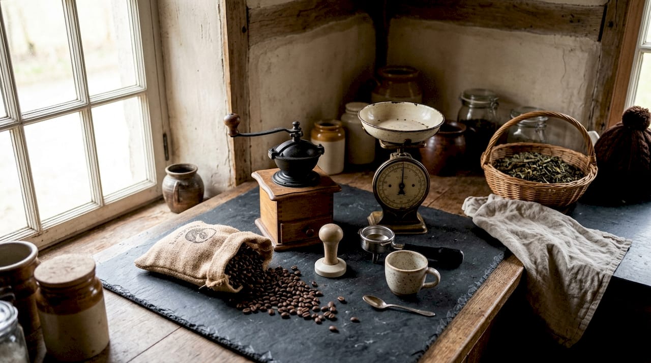 Close-up of espresso grinder and scale setup
