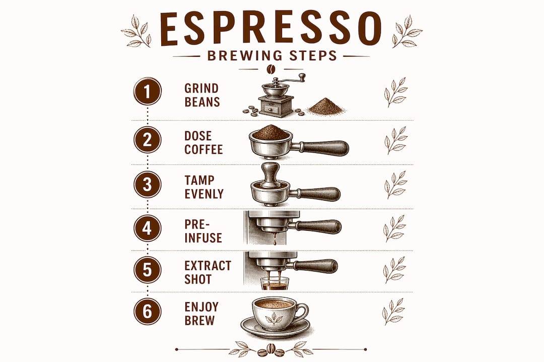 Infographic showing step-by-step espresso brewing process