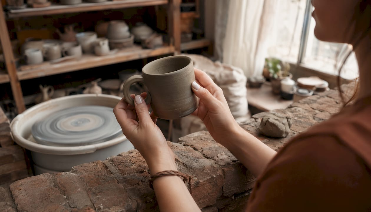Hands inspecting dried clay mug