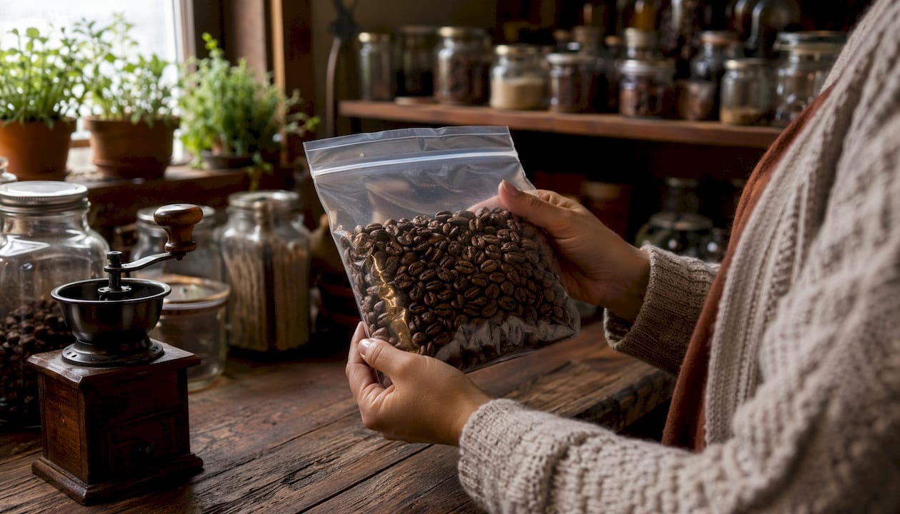 Hands placing frozen coffee beans into freezer bag